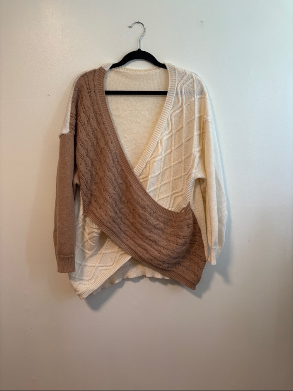 Cozy Two-Tone V-Neck Wrap Cable Knit Sweater - Cream & Tan